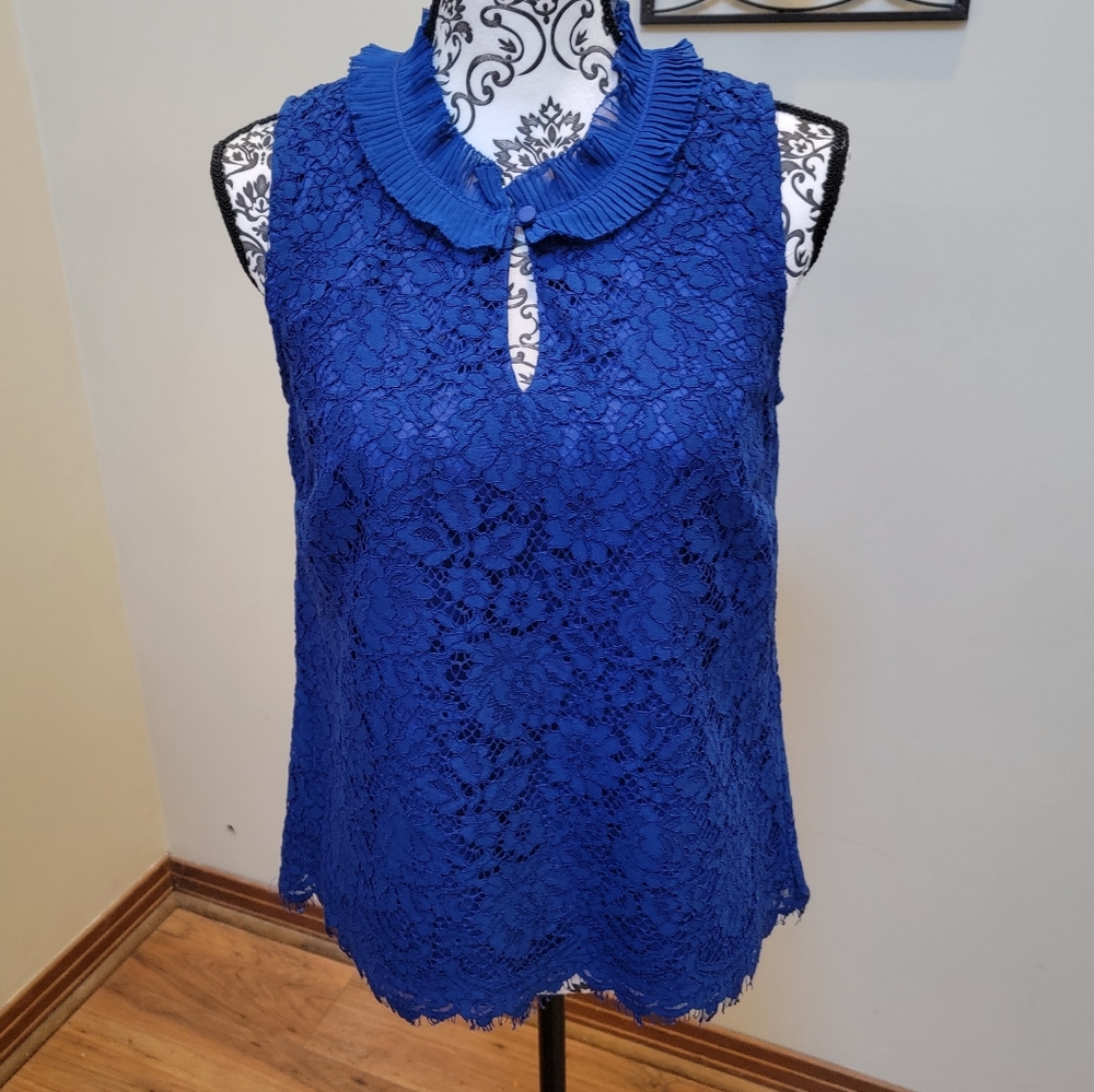 J. Crew Lace Ruffle Neck Sleeveless Top  Blue Size S